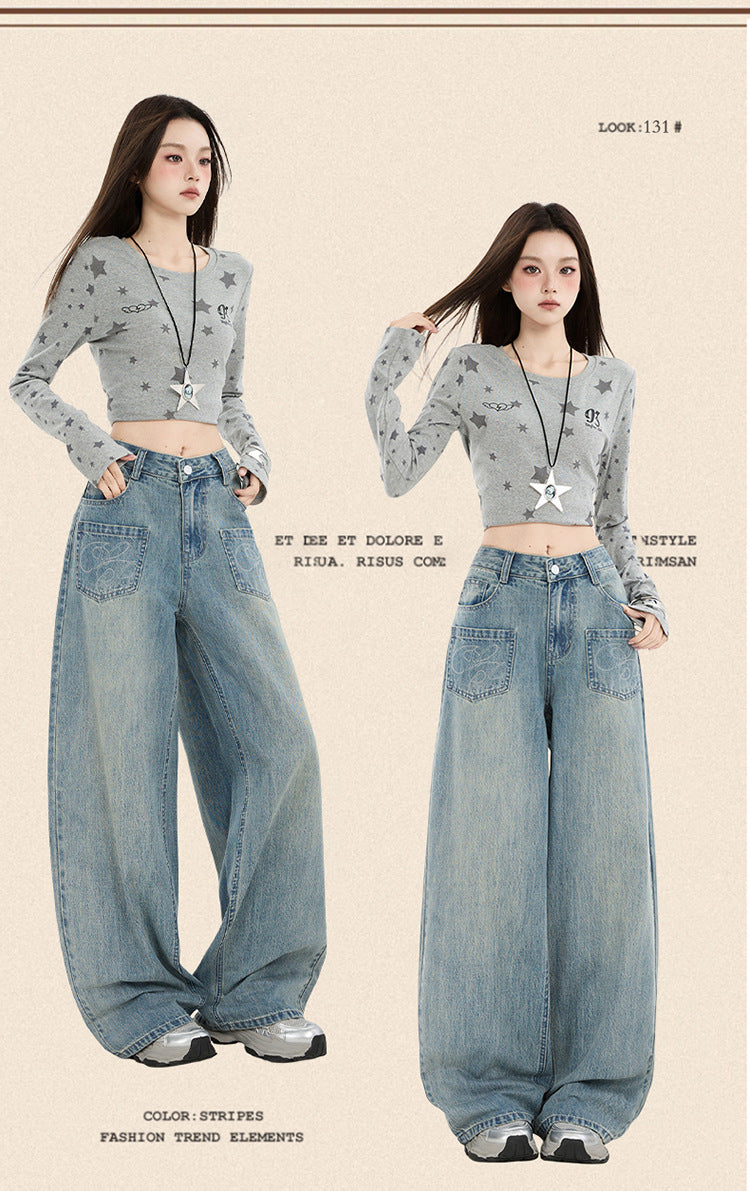 Raccoon House # American Retro Design Embroidered Jeans for Women 2025 Autumn New High-Waisted Loose Wide-Leg Pants Trendy