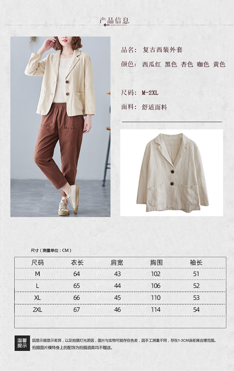 2025 Real Shot of New Cotton and Linen Retro Literary Loose Versatile Casual Long-Sleeved Button-Down Small Suit Short Jacket for Women