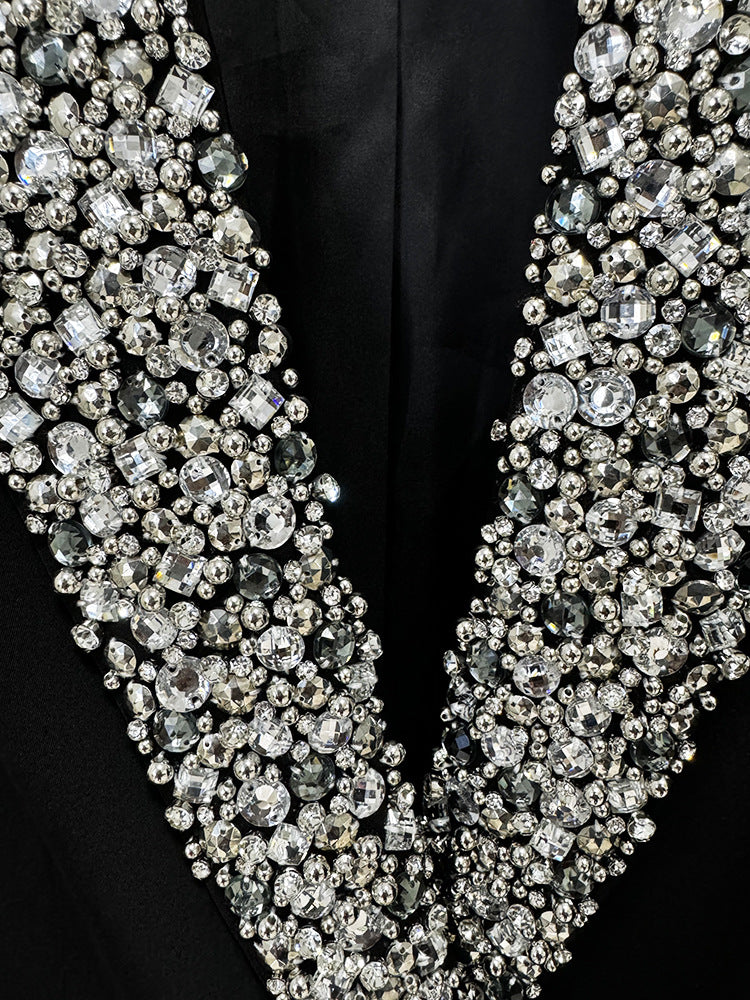 In Stock 2026 European and American Trendy Fashion New Style Handmade Luxurious Heavy Beading and Rhinestone Embellished Slim Fit Mid-Length Blazer