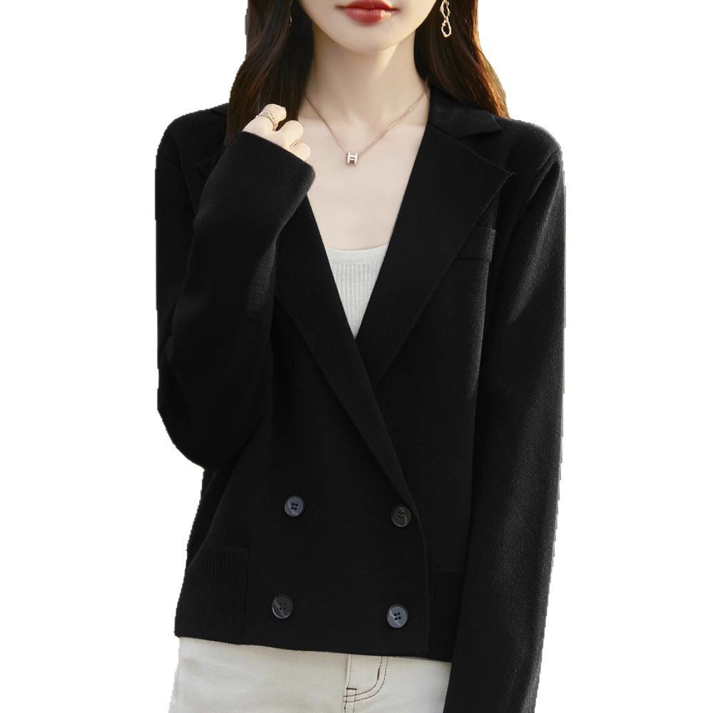 Spring and Autumn Suit Collar Worsted Wool Cardigan Women's Casual Tops Autumn and Winter Cashmere Sweater Top New Style
