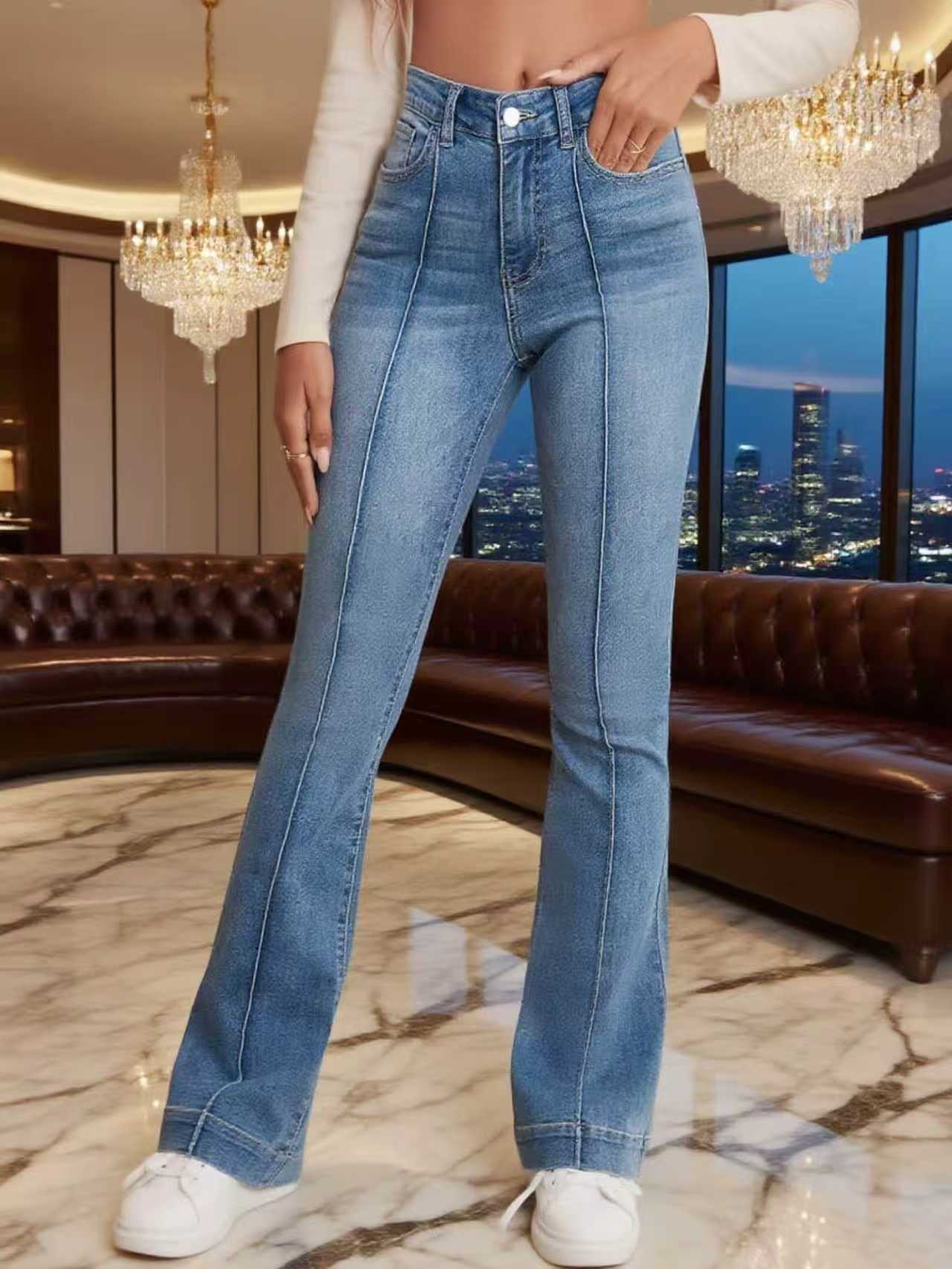 【Cross-Border Hot Item! ! 】 French Seam Detail Flared Jeans Blue Denim Pants Pattern