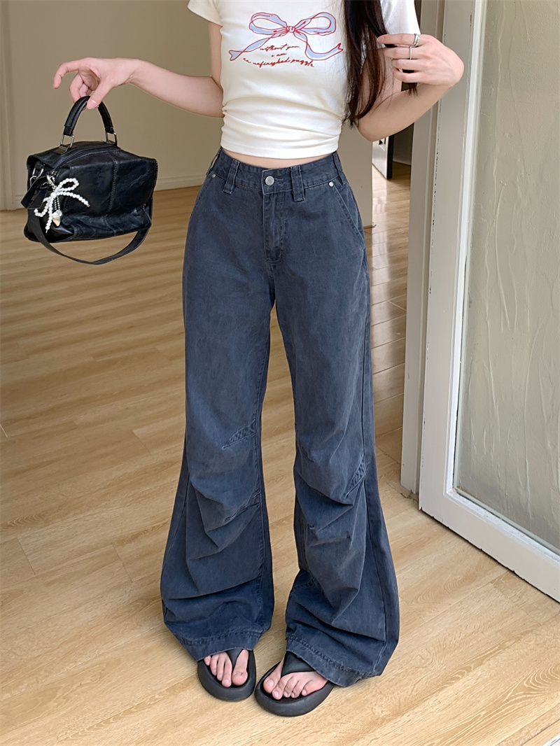 American Retro Design Workwear Jeans for Women New High Street Personalized Pleated Loose Straight Casual Pants