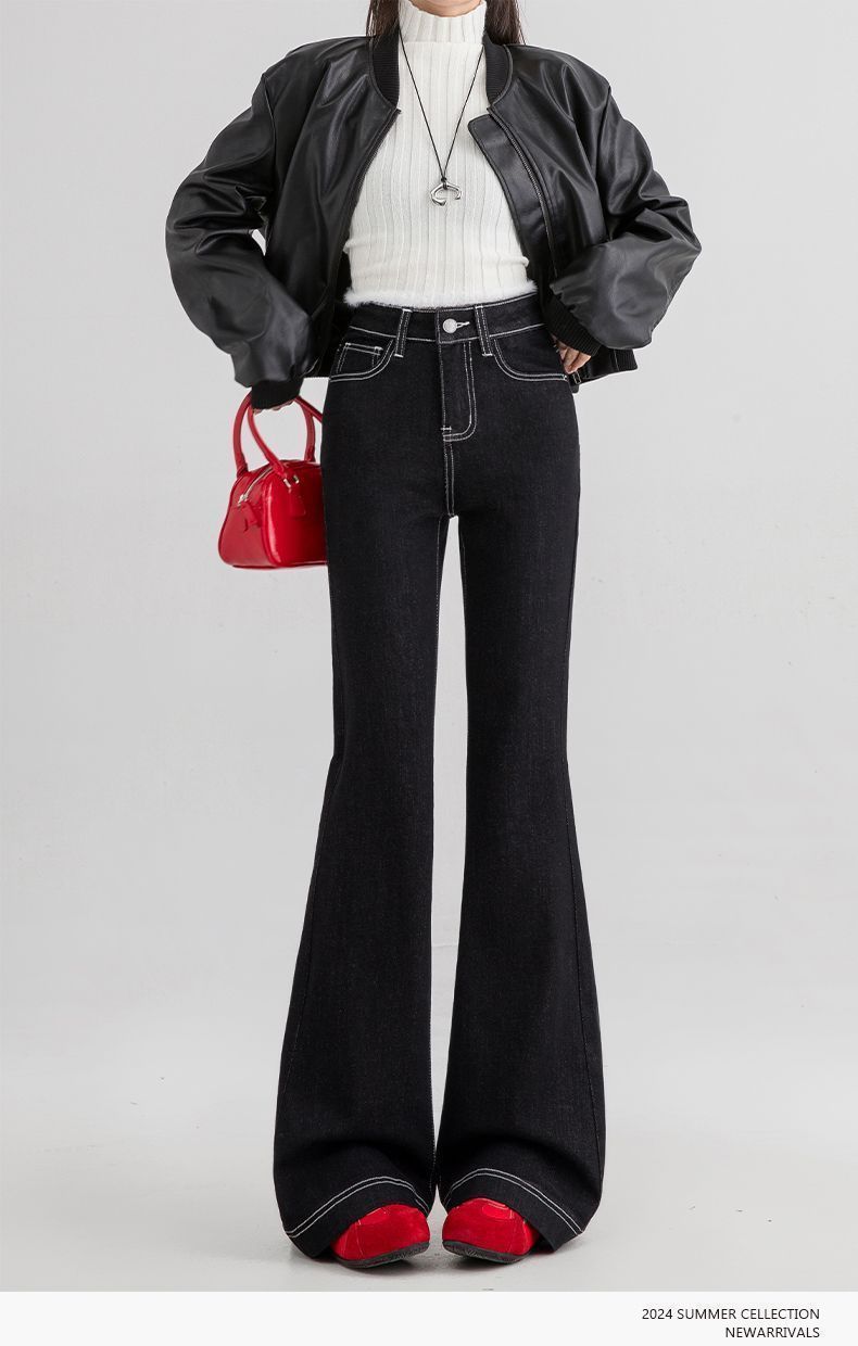 Pocket Embroidered Flared Jeans for Women, Autumn New Black Plus-Size High-Waisted Slimming Bell-Bottom Pants