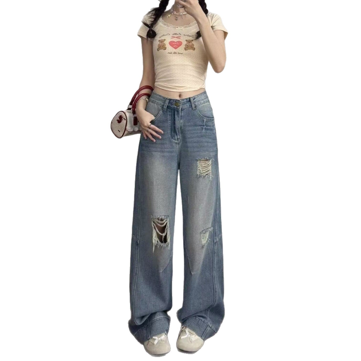 American Style Ripped Jeans for Women, Autumn New Plus-Size High-Waisted Pear-Shaped Figure Slimming Loose Wide-Leg Pants