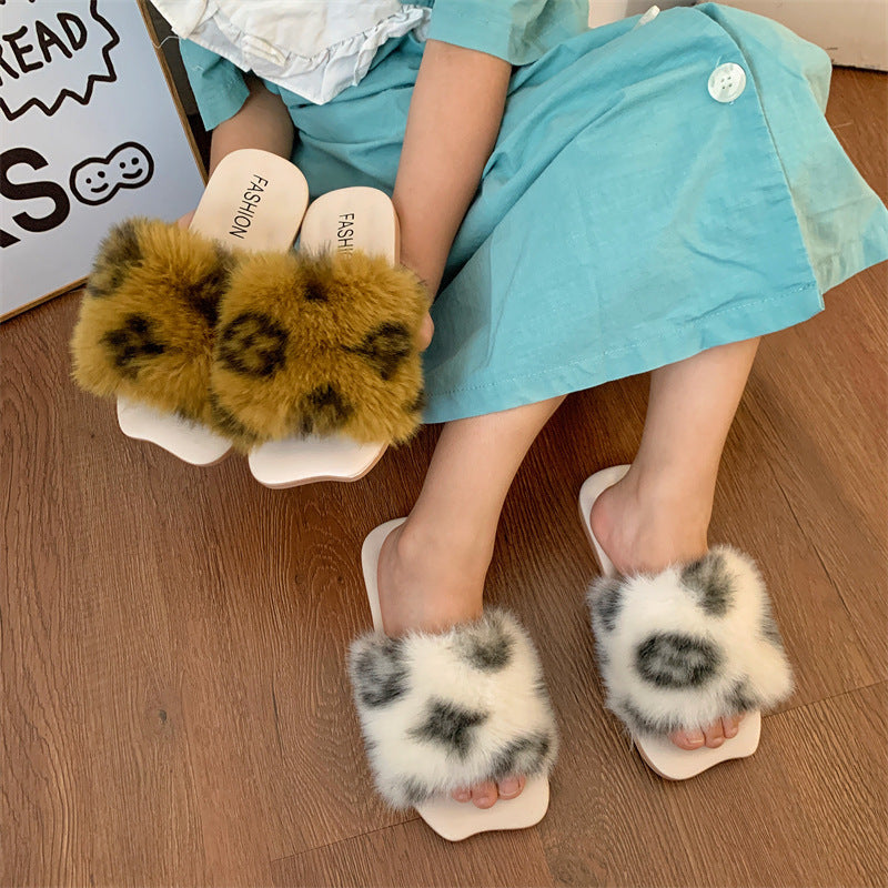 Children's Girls' Furry Slippers for Outdoor Wear, Stylish Home Indoor Slippers for Toddlers and Kids, Four-Leaf Clover Parent-Child Style
