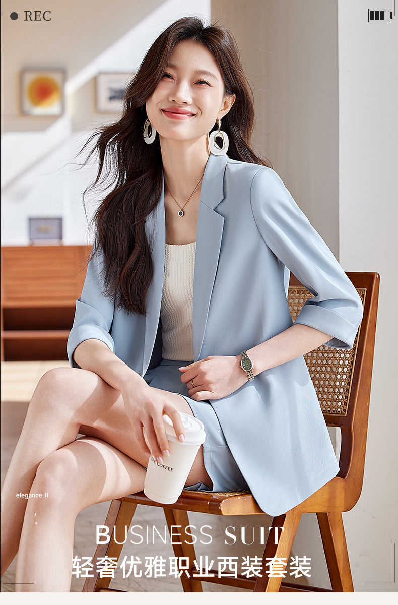 Blue Mid-Sleeve Chiffon Suit Jacket for Women 2025 New Summer Thin Style Fashionable High-End Shorts Suit