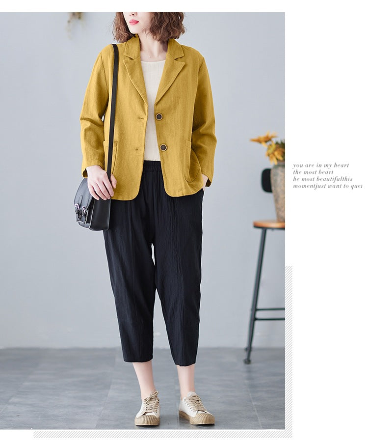 2025 Real Shot of New Cotton and Linen Retro Literary Loose Versatile Casual Long-Sleeved Button-Down Small Suit Short Jacket for Women