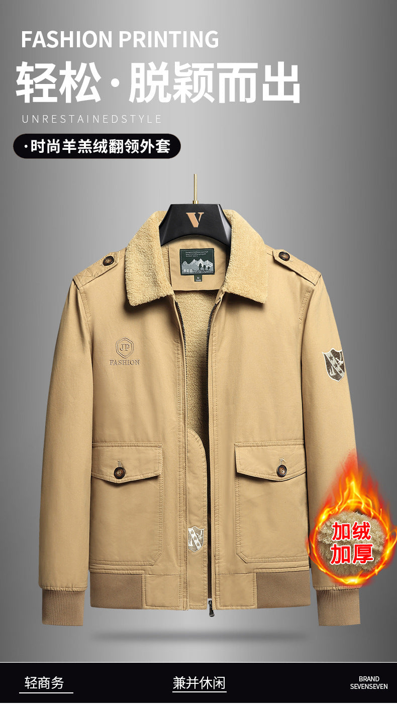 New Lamb Wool Jacket Men's Winter Thickened Wool Collar fleece-lined Overalls Cotton-padded Jacket Men's Jacket Casual Cotton-padded Jacket Aviator