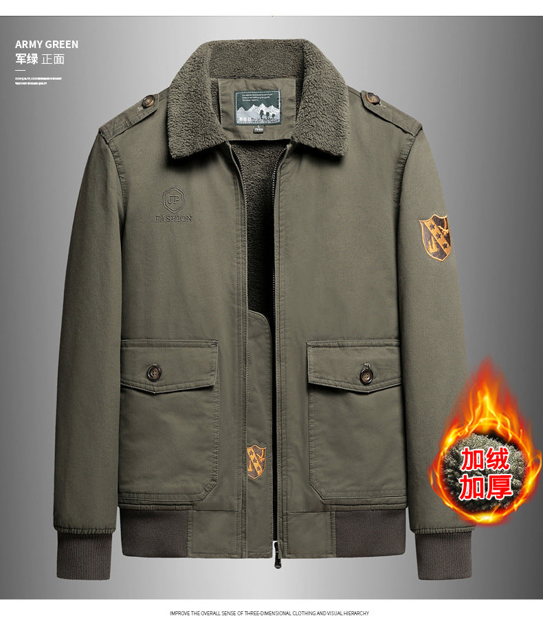 New Lamb Wool Jacket Men's Winter Thickened Wool Collar fleece-lined Overalls Cotton-padded Jacket Men's Jacket Casual Cotton-padded Jacket Aviator