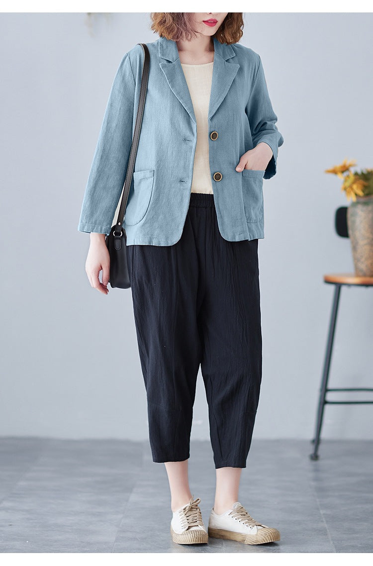 2025 Real Shot of New Cotton and Linen Retro Literary Loose Versatile Casual Long-Sleeved Button-Down Small Suit Short Jacket for Women