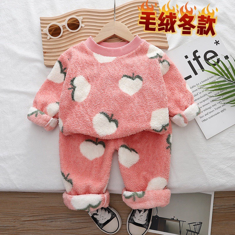 Free Shipping Yukids Kidsren's Autumn and Winter Home Clothes Set for Men and Women Baby Flannel Fruit Warm Two-Piece Set