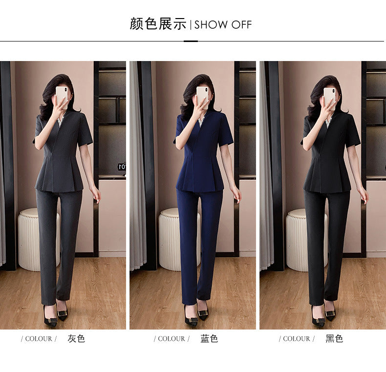 Blue Suit Jacket Women's Spring and Summer Short-sleeved Jewelry Store Front Desk Business Dress Dress Waist Tight Beauty Salon Suit suit