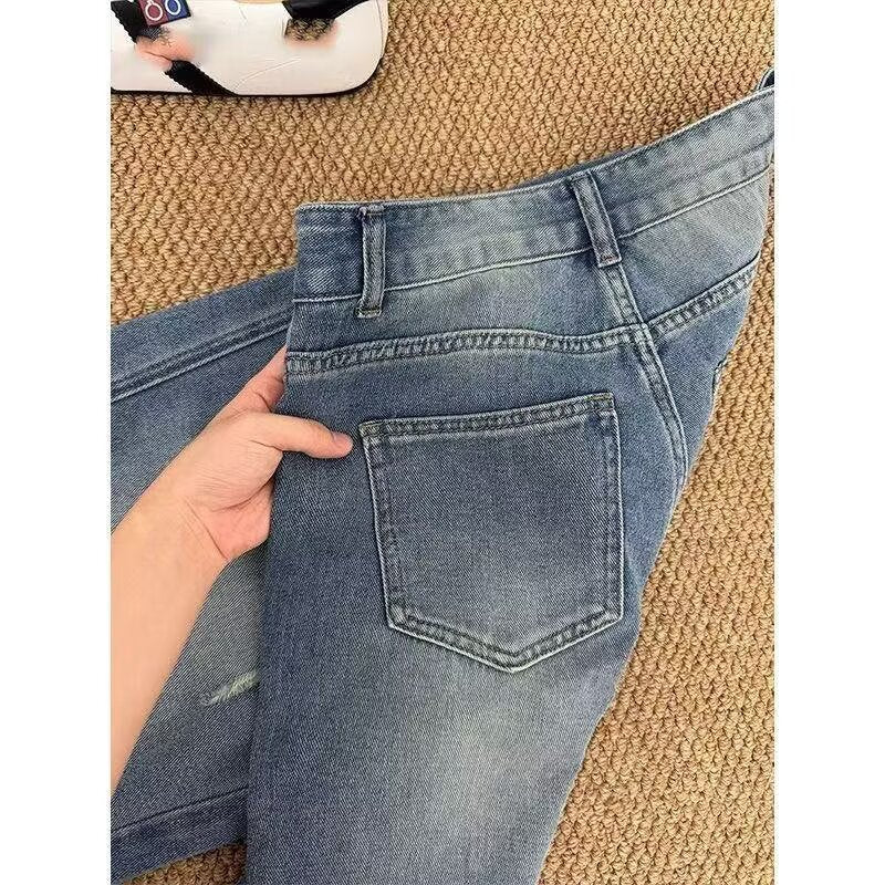 American Style Ripped Jeans for Women, Autumn New Plus-Size High-Waisted Pear-Shaped Figure Slimming Loose Wide-Leg Pants