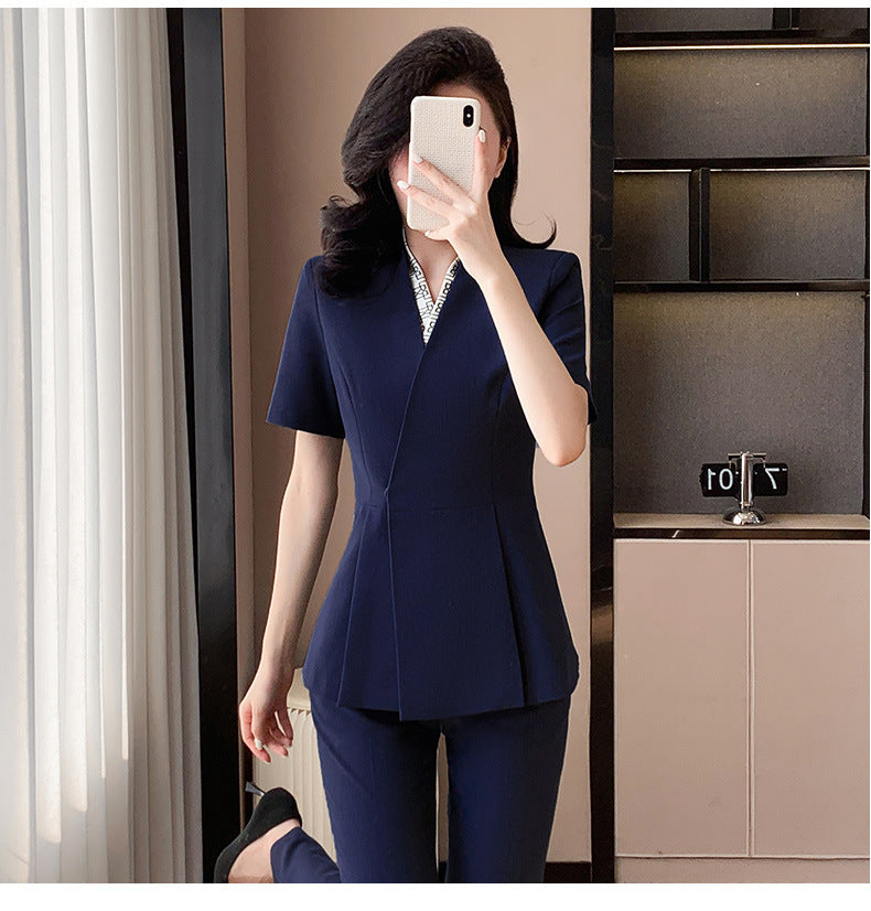 Blue Suit Jacket Women's Spring and Summer Short-sleeved Jewelry Store Front Desk Business Dress Dress Waist Tight Beauty Salon Suit suit