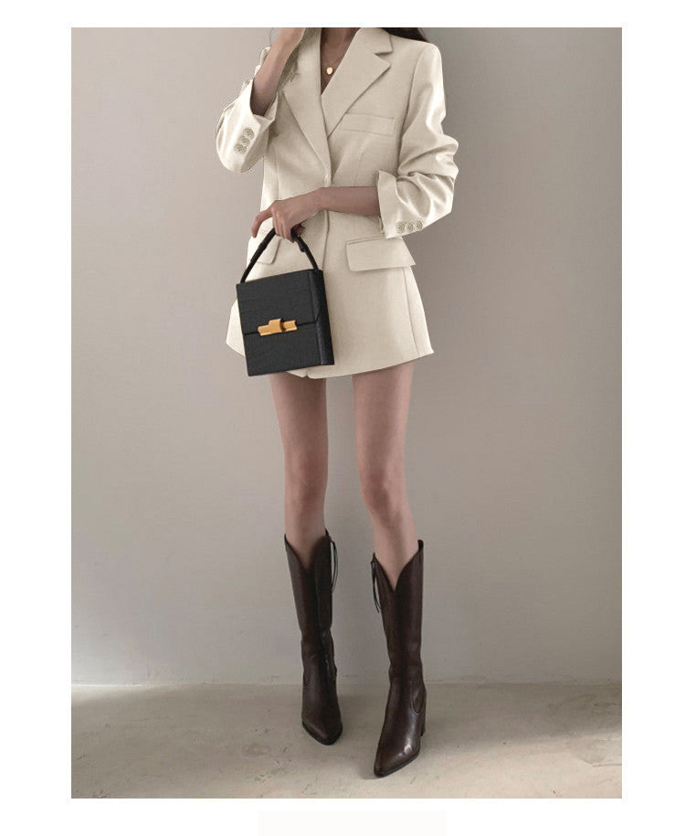 khaki Suit Jacket Women's Spring and Autumn Korean-style Ins Hong Kong-style Retro Top Tight Waist Slimming Mid-length Small Suit