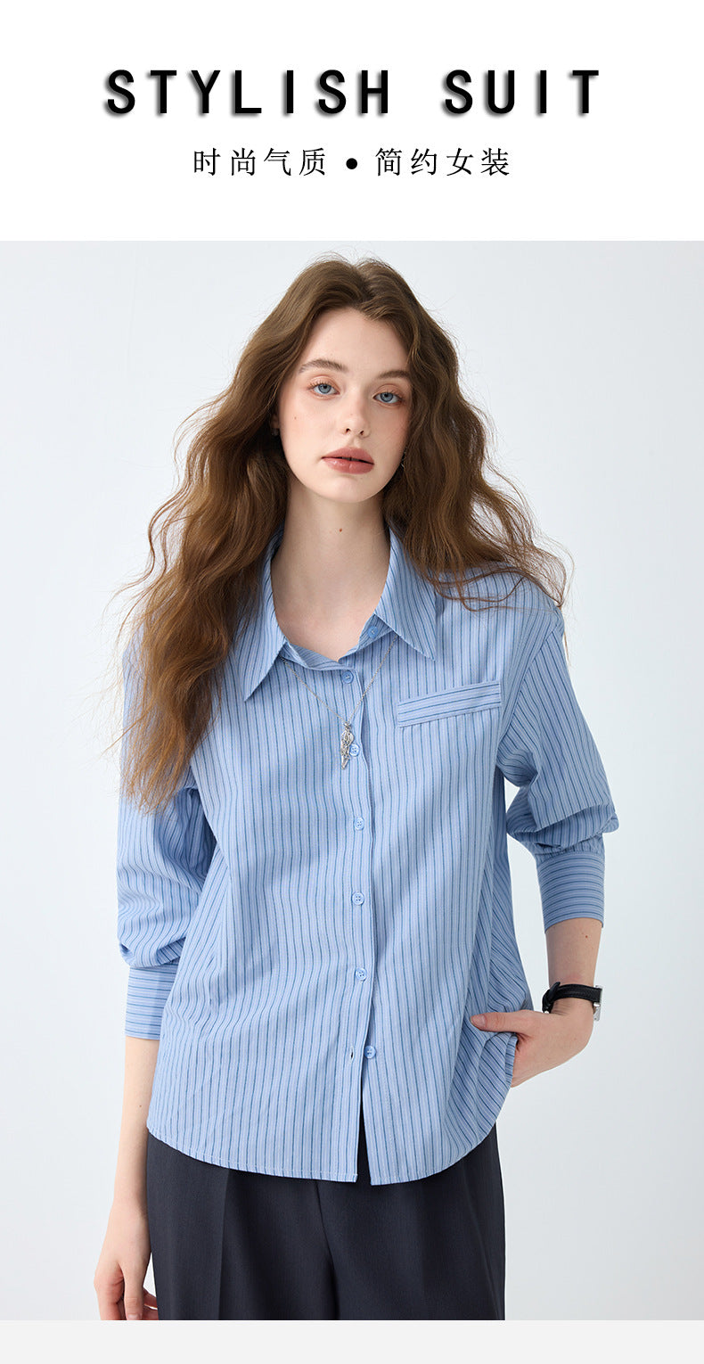 Light Workplace Blue Striped Long-Sleeved Shirt for Women, Spring and Autumn Design Professional Shirt, Commuting Versatile Top
