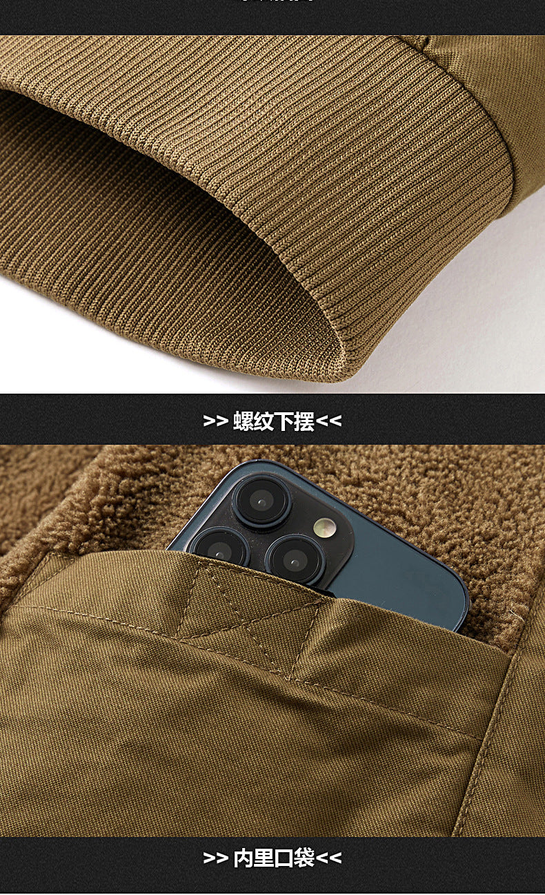 2024 Autumn/Winter New Cross-Border Men's Fleece-Lined Cotton Jacket with Stand Collar, Neck Protection, Cold-Proof, Washable Cotton Coat, Pure Cotton Outerwear