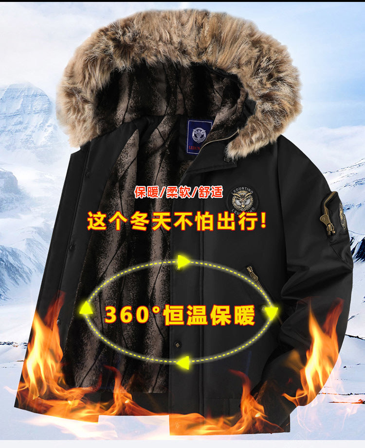 New Winter Fleece-Lined Thick Casual Men's Cotton Jacket, Warm Trendy Coat with Hood, Loose Fit, Plus Size Cotton Clothing