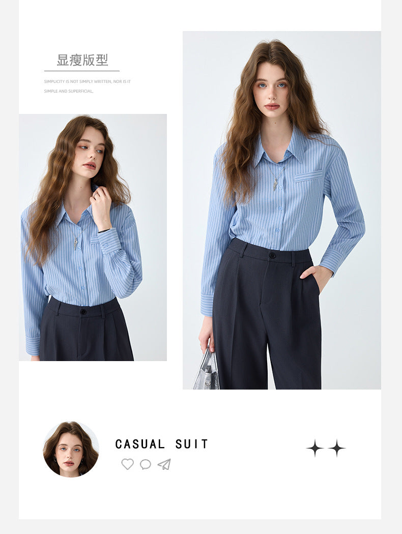 Light Workplace Blue Striped Long-Sleeved Shirt for Women, Spring and Autumn Design Professional Shirt, Commuting Versatile Top