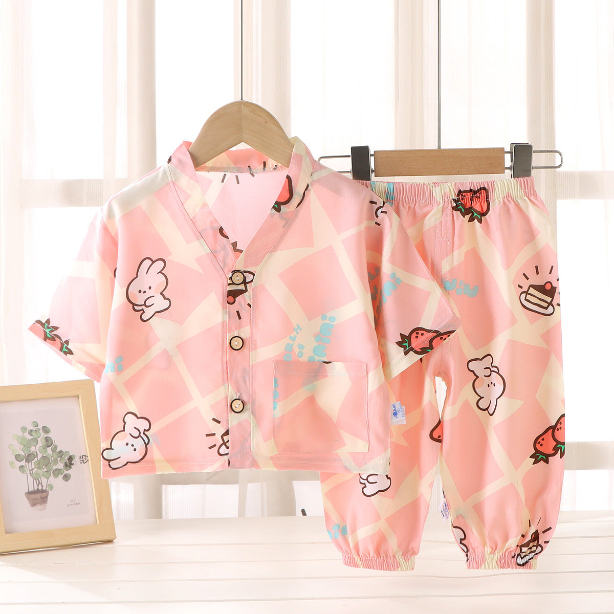 Children's Home Clothes Cotton Silk Suit Summer Boys and Girls Pajamas Artificial Cotton Two-Piece Set Cotton Silk Air-Conditioned Clothes Kidsren's Clothing