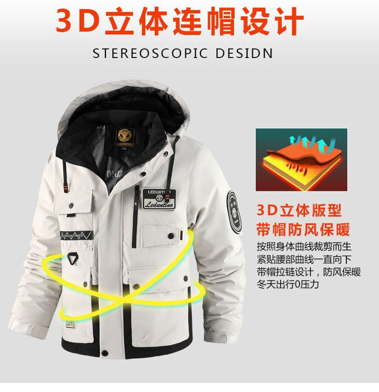 Cross-Border New Thickened Cotton Coat Outdoor Warm Cotton Coat Winter Men's Large Size Hooded Jacket Waterproof Jacket Wholesale