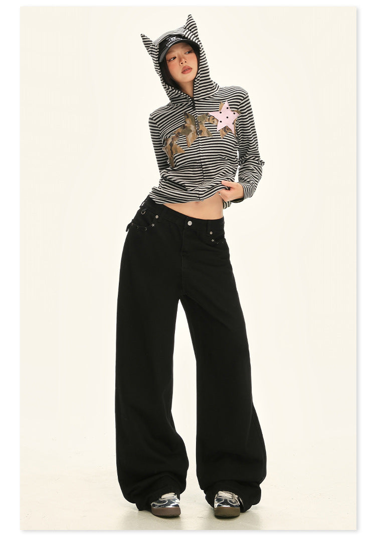 American Retro Pocket Design Black High-Waisted Wide-Leg Pants for Women, New Autumn Loose Drape Slimming Jeans for Women