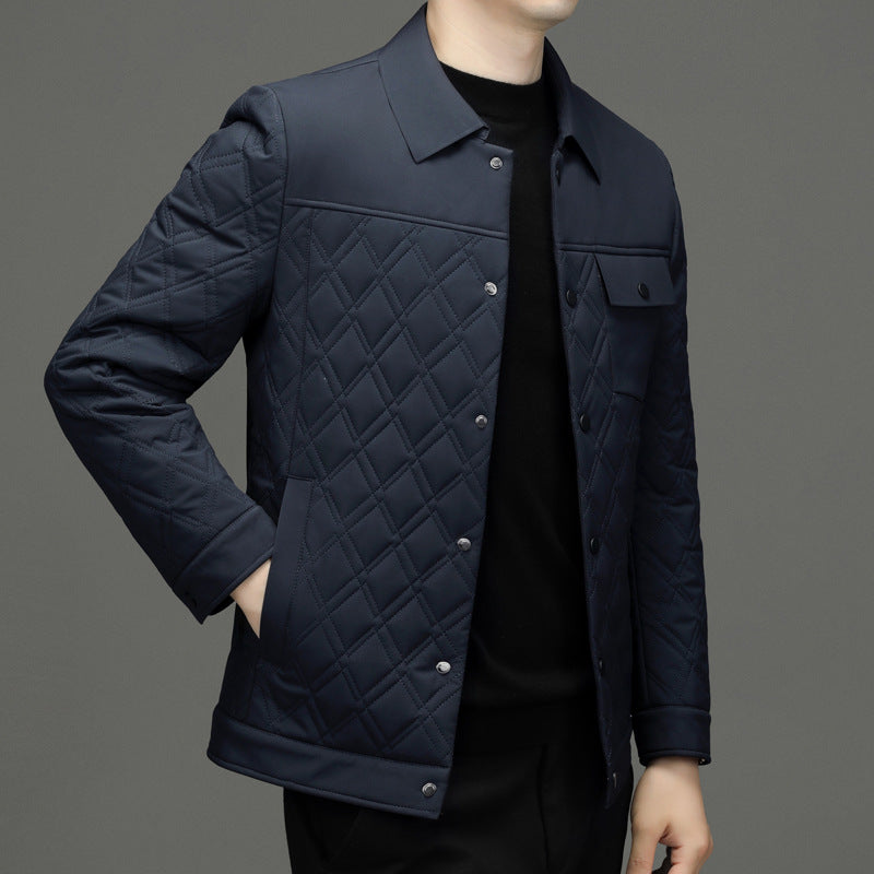 High-end men's mulberry silk cotton-padded coat business casual plaid middle-aged lightweight cotton-padded jacket autumn and winter men's lapel cotton-padded coat