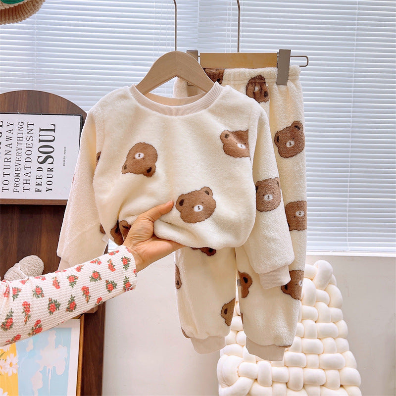 Men's and Women's Flannel Pajamas suit Autumn and Winter Middle and Big Children's Warm fleece-lined Thickened Autumn Clothes and Pants Home Clothes