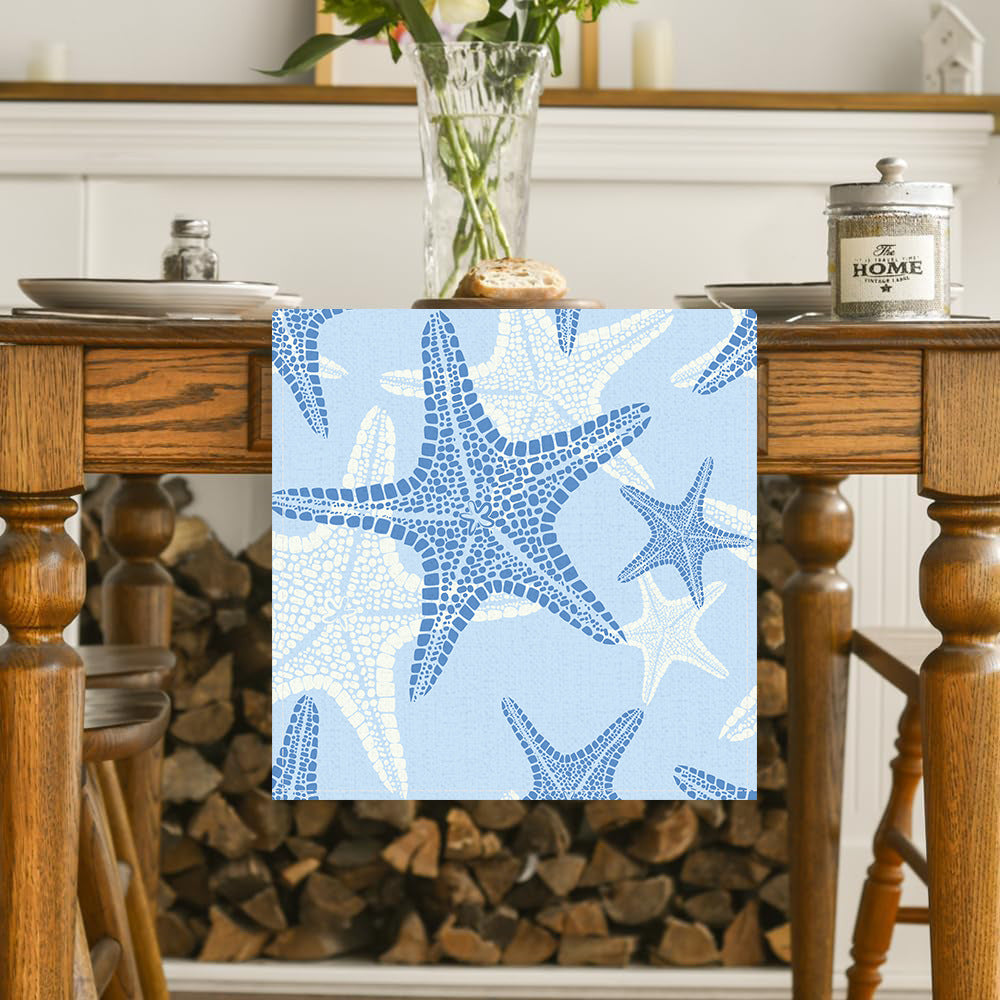 Cross-border New Blue Bottom Starfish Table Runner Linen Printed Kitchen Dining Table Tablecloth Home Fabric Tablecloth Cushion Coffee Table Meal