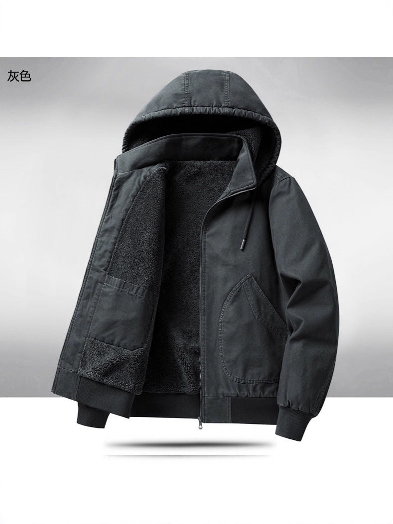 Men's Autumn and Winter Warm Fashion Fleece-Lined Bomber Jacket American-Style Workwear Hooded Cotton Coat for Warmth