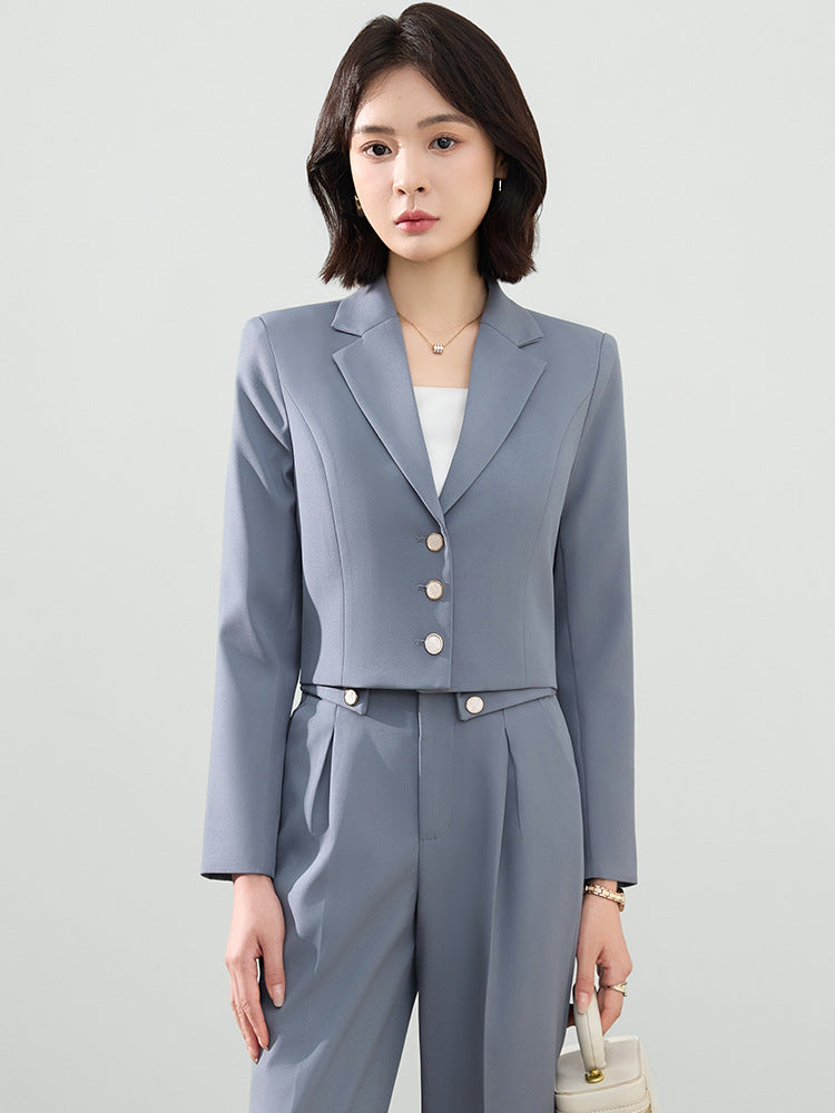 Cross-Border Gray Suit Set for Women, Spring and Autumn Short Style Professional Formal Wear, Hotel Front Desk Long-Sleeve Workwear Blazer