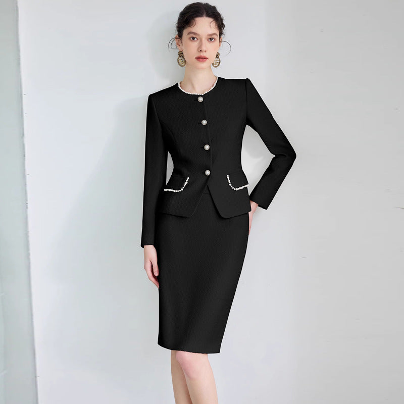 AD French Commuter Suit suit Women's High-end Pearl Crewneck Long-sleeved Jacket Black Business Dress Overskirt