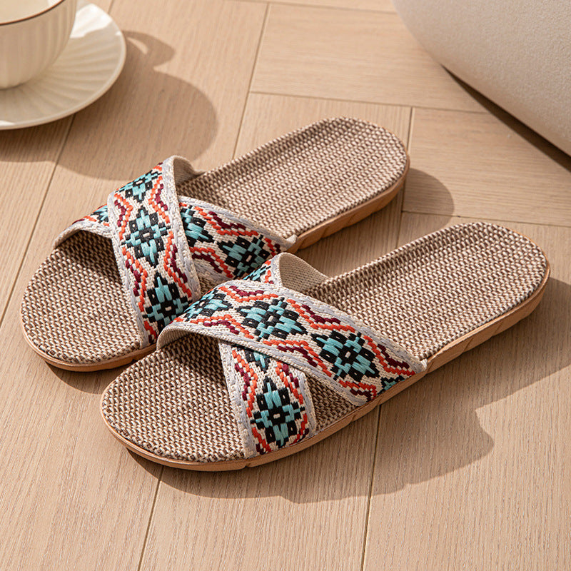 Open Open Toe Cross Linen Four Seasons Men and Women Couple Home Floor Slippers Linen Summer Sandals