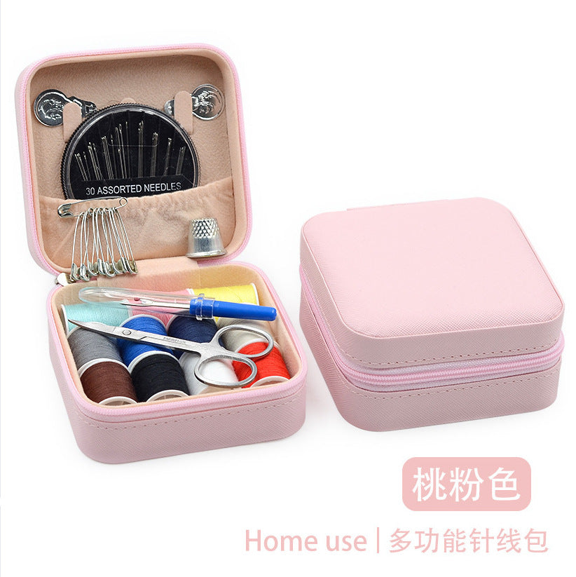 Retro Style Imitation Pu Leather Square Sewing Box Household Sewing and Mending Needle and Thread Set Portable Daily Essential Sewing Kit