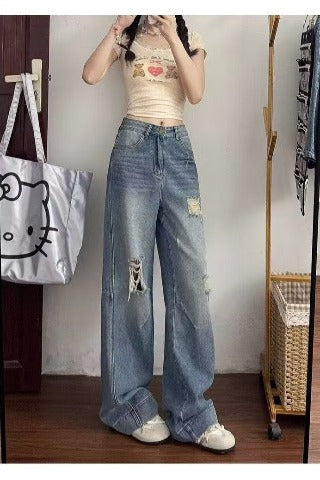 American Style Ripped Jeans for Women, Autumn New Plus-Size High-Waisted Pear-Shaped Figure Slimming Loose Wide-Leg Pants