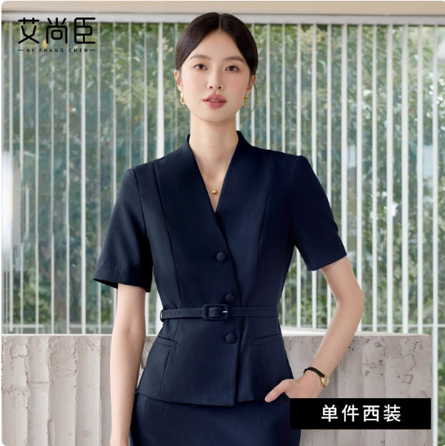 Summer New Design V-Neck Professional Women's Skirt Suit in Gray-Green, Slim-Fit and Flattering, Suitable for Reception and Work Attire