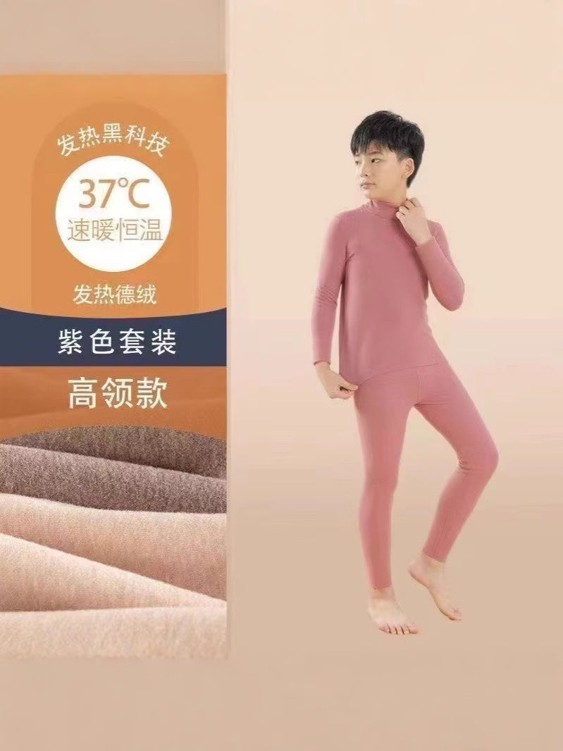 Mid-high collar children's velvet thermal suit for boys ground plush cold-proof one-piece velvet large children's thick thermal underwear