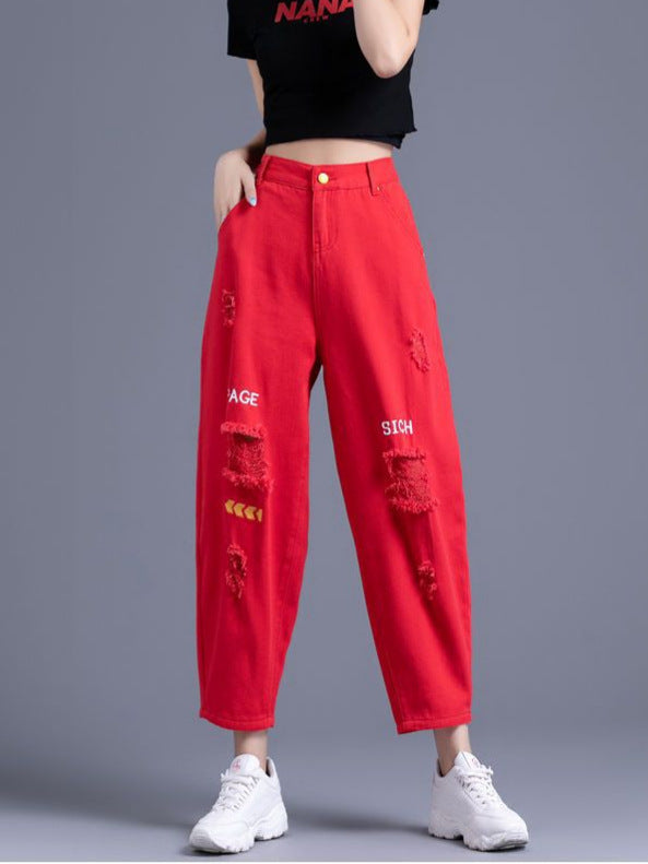 Red Ripped Distressed Jeans for Women, 2026 New Style, High-Waisted Dad Harem Pants, Slimming Carrot Pants for Women