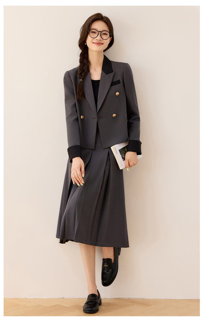 Cross-Border Black Short Blazer for Women, Petite Size, Suitable for College Students, Teacher Qualification Interview, Formal Attire, Elegant Suit with Skirt