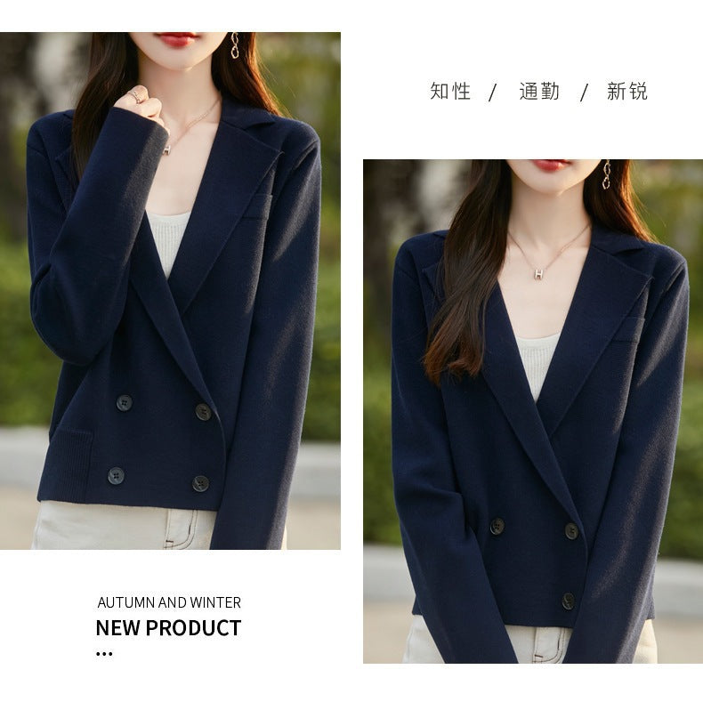Spring and Autumn Suit Collar Worsted Wool Cardigan Women's Casual Tops Autumn and Winter Cashmere Sweater Top New Style