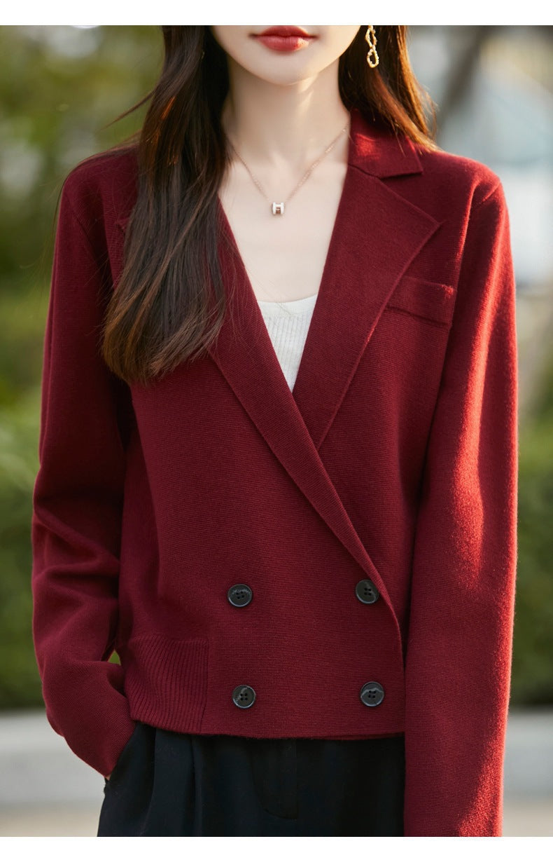 Spring and Autumn Suit Collar Worsted Wool Cardigan Women's Casual Tops Autumn and Winter Cashmere Sweater Top New Style