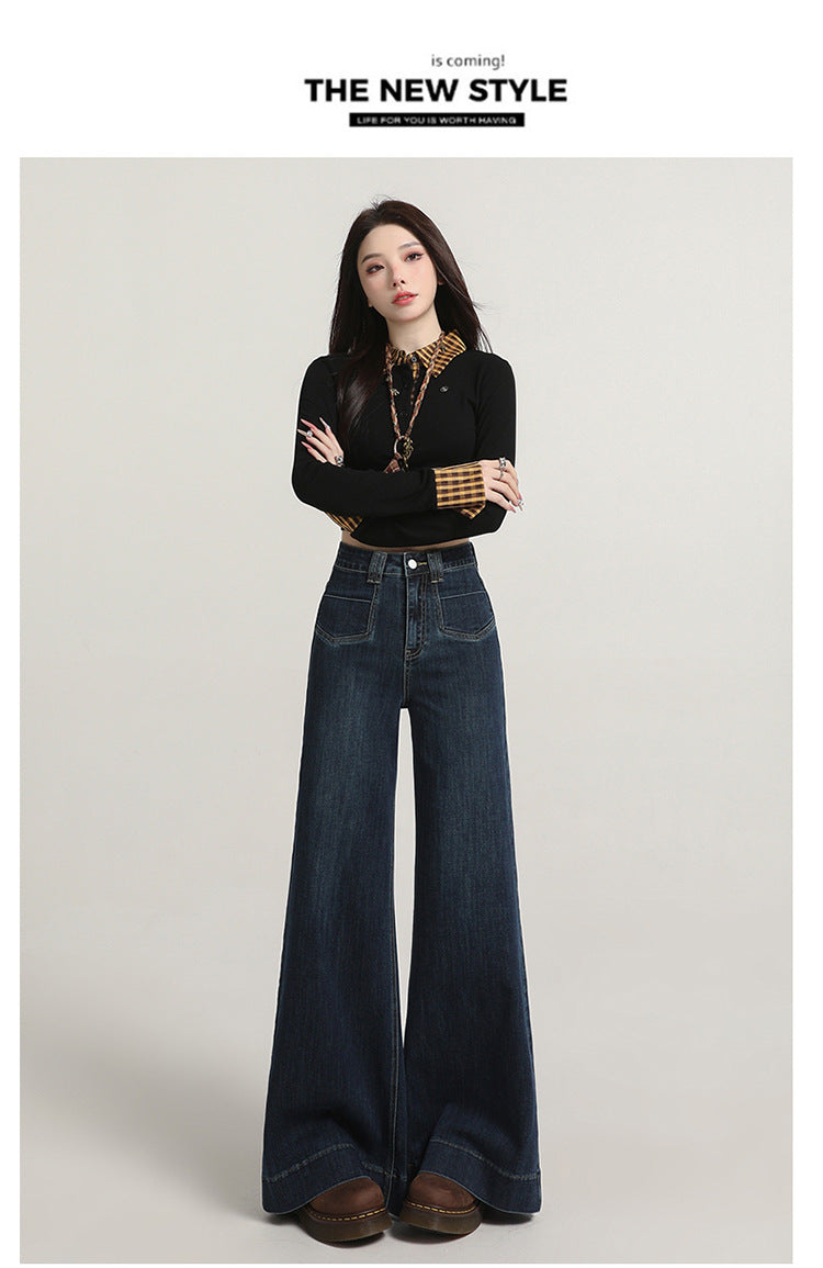 Retro American Style Denim Blue Flared Jeans for Women 2025 Autumn New Slimming Versatile Bootcut Pants