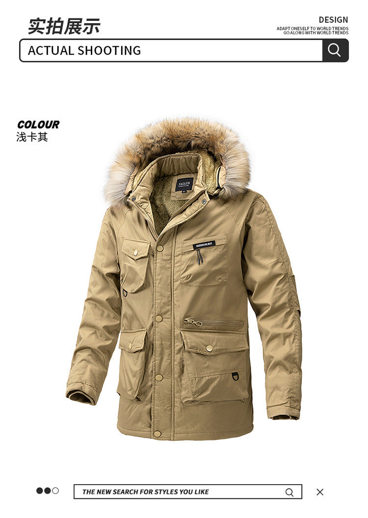Autumn and winter new men's windbreaker Korean slim fit mid-length thick hooded coat plus size casual men's trendy