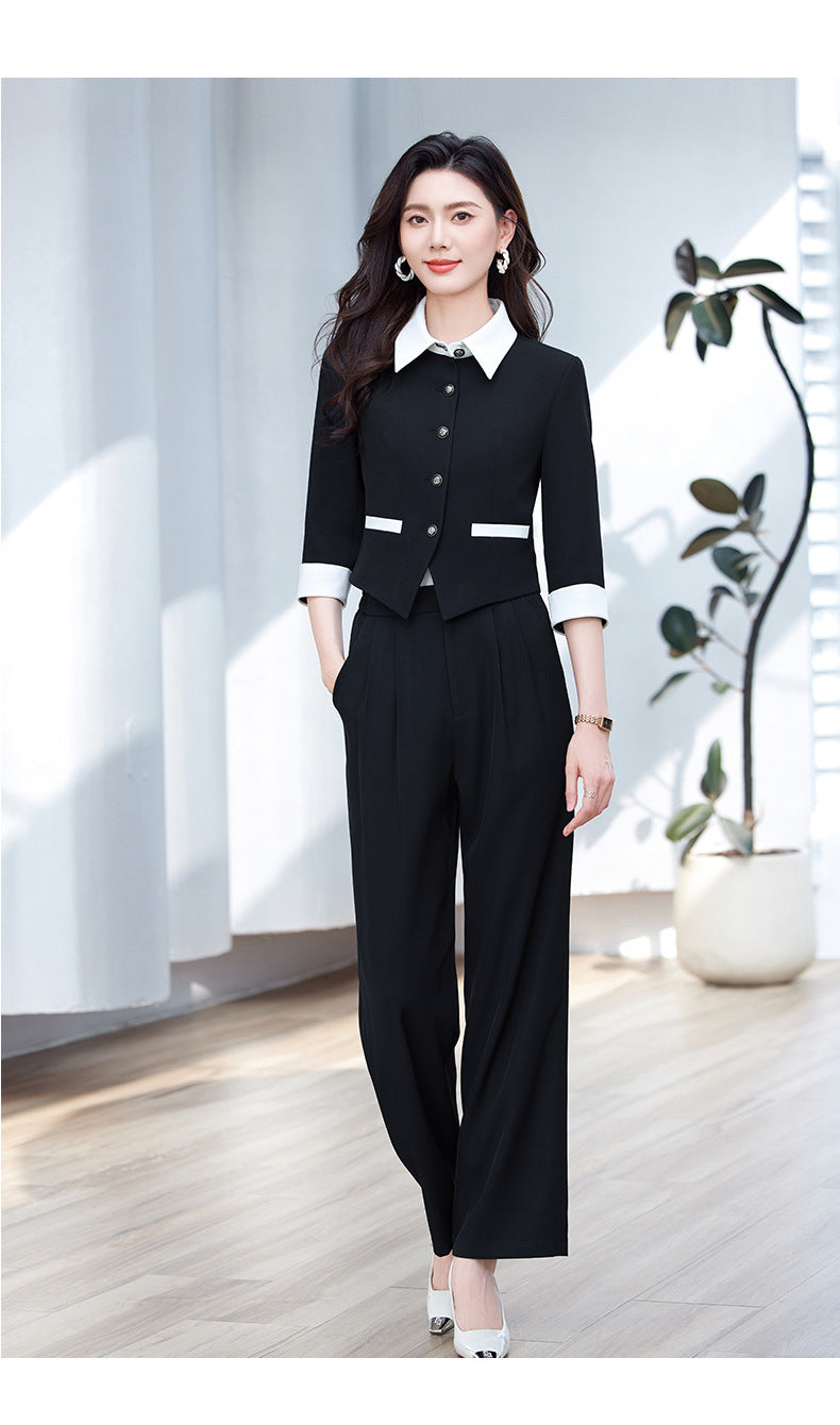 Tweed Style Splicing Jacket with Metal Buckle for Women Spring and Summer New High-End Fashion Doll Collar Elegant Three-Quarter Sleeve Suit