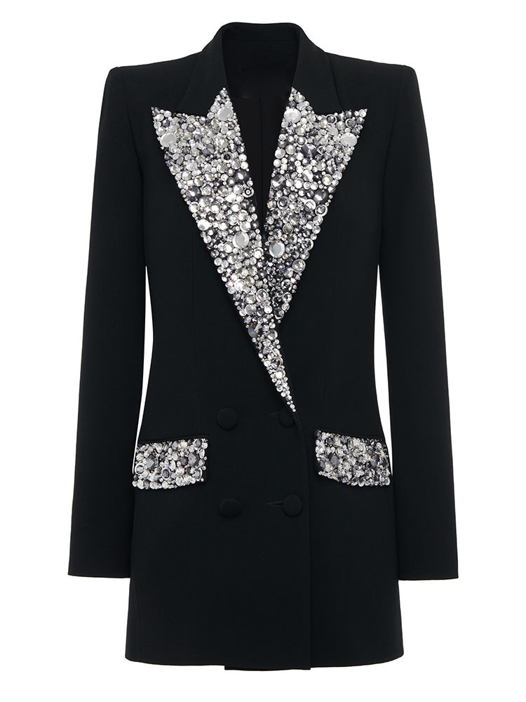 In Stock 2026 European and American Trendy Fashion New Style Handmade Luxurious Heavy Beading and Rhinestone Embellished Slim Fit Mid-Length Blazer