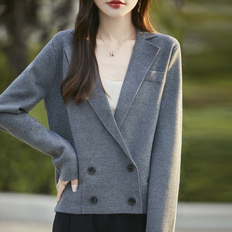 Spring and Autumn Suit Collar Worsted Wool Cardigan Women's Casual Tops Autumn and Winter Cashmere Sweater Top New Style