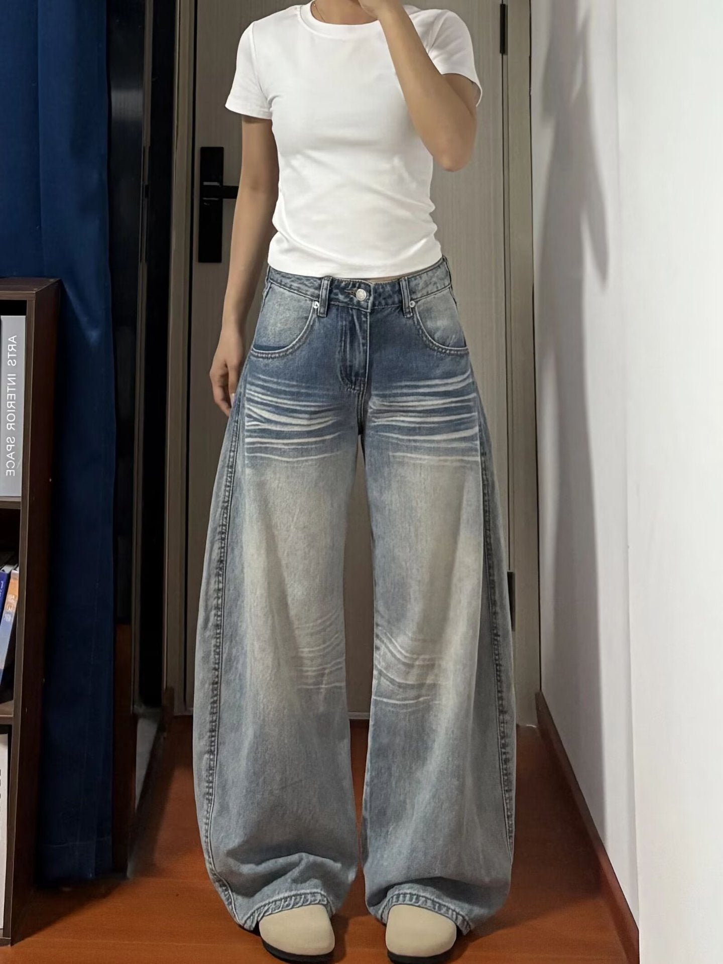 American-Style Wide-Leg Jeans for Women 2025 Spring and Autumn High-Waisted Loose Lazy Drapey Floor-Length Straight Pants