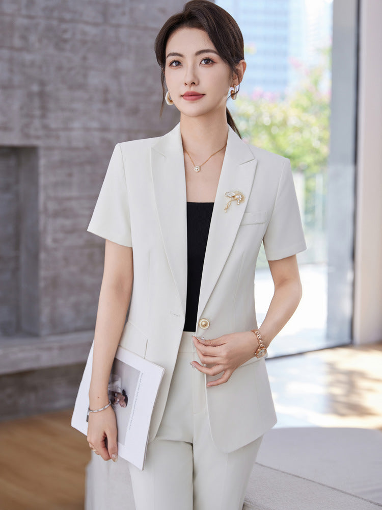 White Short-Sleeved Suit Jacket for Women Summer New Style Petite Professional Elegant Suit Suit Hotel Work Clothes Thin