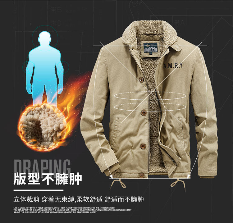 Winter fleece-lined Thickened Cotton-padded Clothes Men's Warm Crock Jacket Youth Wool Collar Retro Casual Cotton-padded Jacket Men's 2188