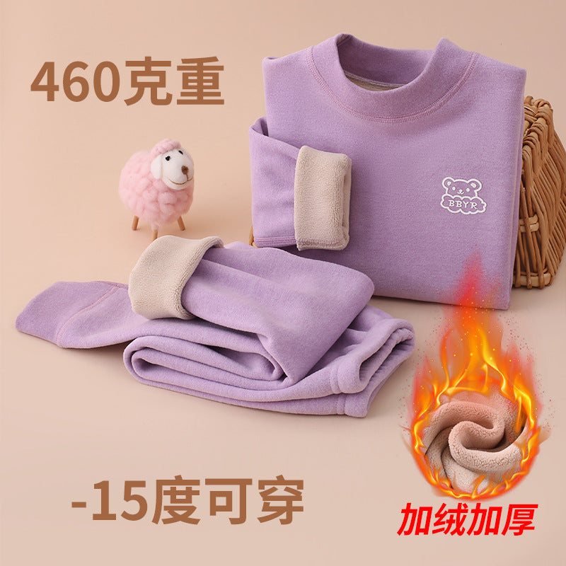 Autumn and winter fleece-lined children's clothing large children's mid-collar autumn pants children's inner warm bottoming shirt children's home clothing suit